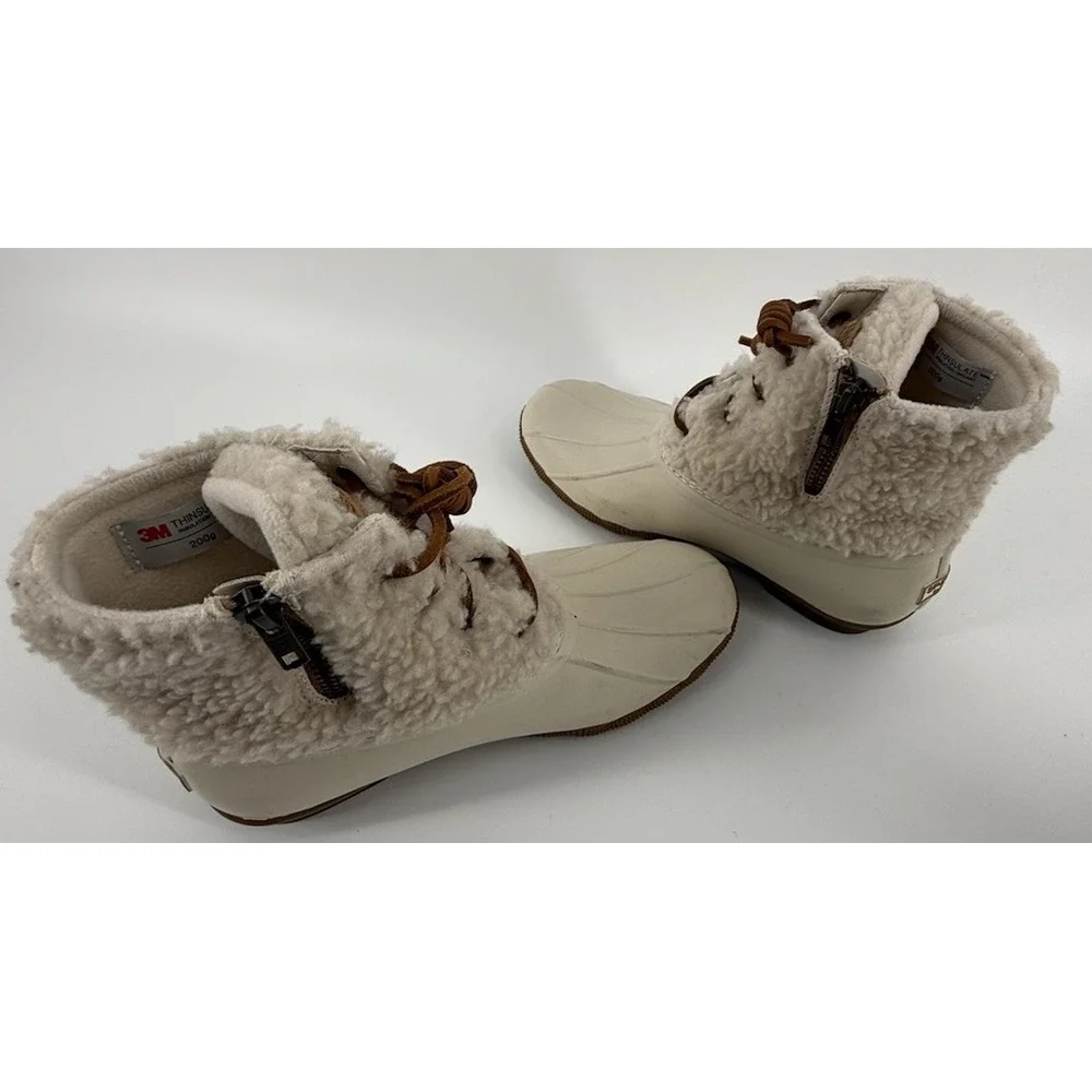 Sperry Saltwater Sherpa Duck Boots Waterproof‎ Lace Up Rain Booties Ivory 6.5